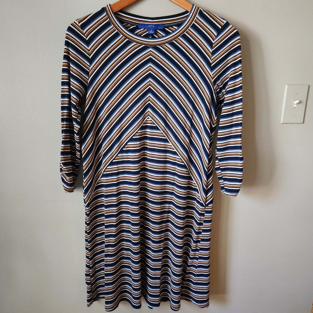 Apt. 9 Blue and Brown Stripe Ruched Sleeve Stretchy Knit Dress